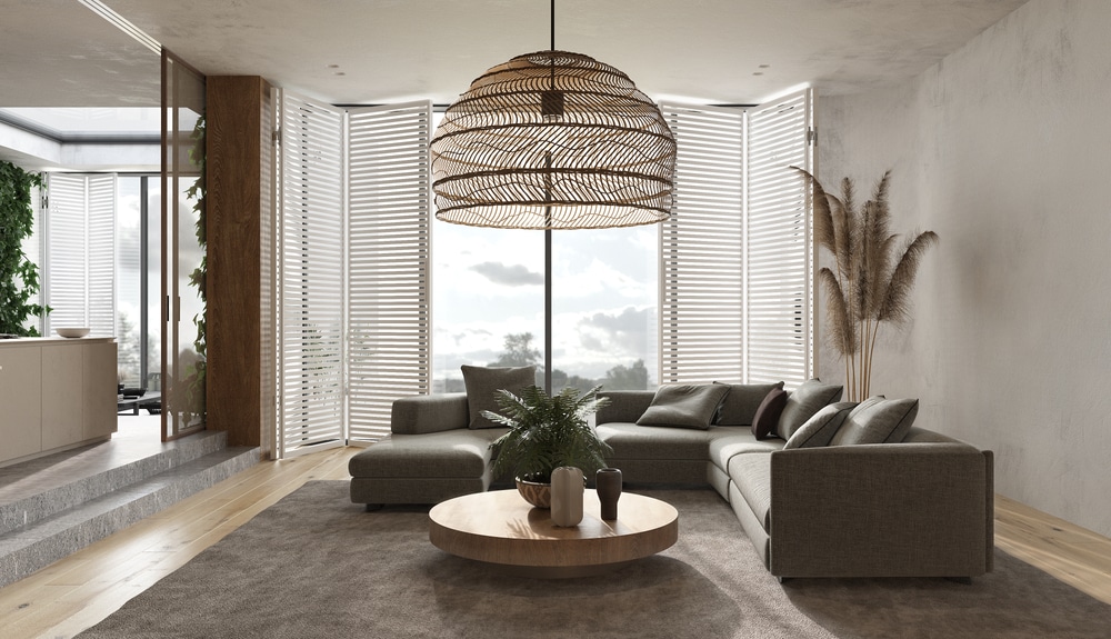 salon moderne et minimaliste avec couleurs chaudes