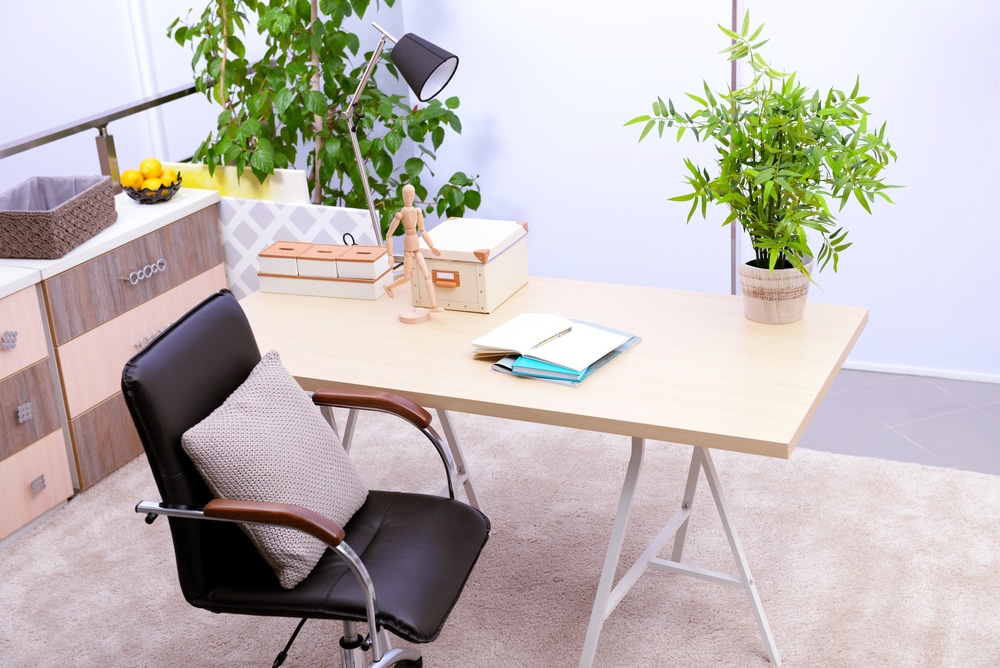 petit bureau en bois clair avec plantes et accessoires